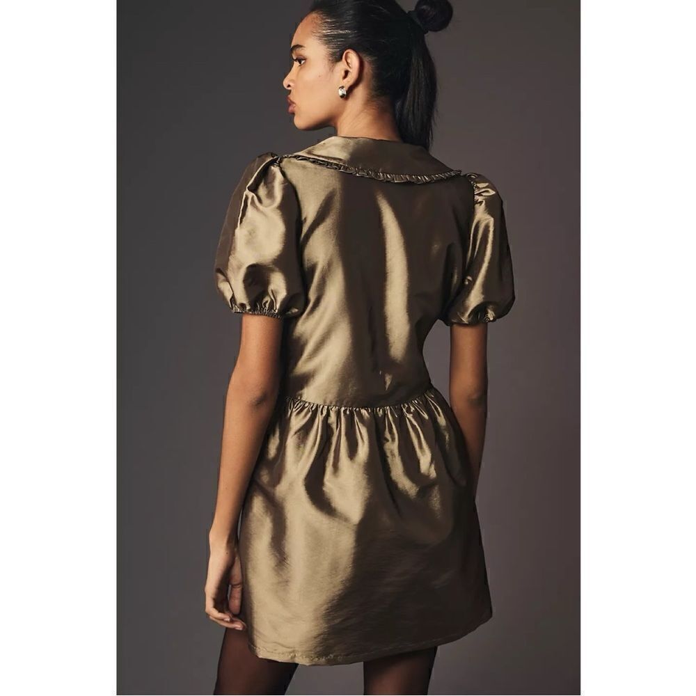 NEW Anthropologie Porridge Olive Short-Sleeve Collared Taffetta Mini Dress Large - Picture 4 of 7